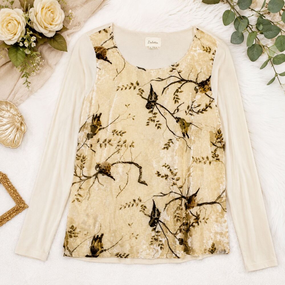 Delatta Anthropologie Bird Print Burnout Velvet Top XS Cream Botanical Long Slee - Picture 3 of 8
